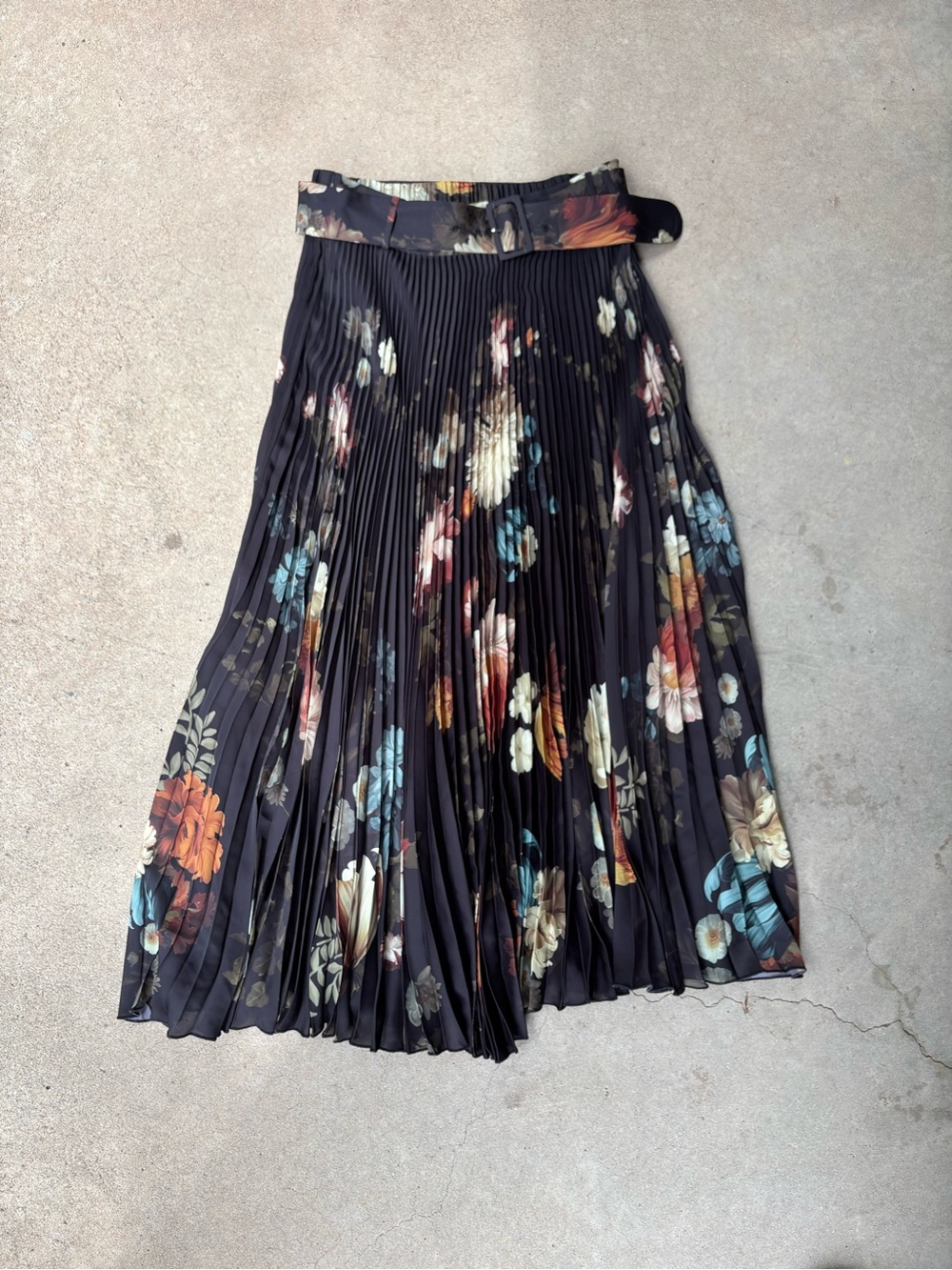 NWT Ranna Gill X Anthropologie Black Pleated Floral Midi Belted Skirt Size XS
